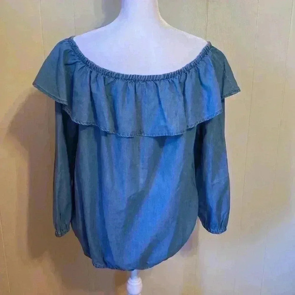 MICHAEL Michael Kohrs Chambray Denim Off Shoulder Ruffle Blouse Top Size Large. - Picture 3 of 13